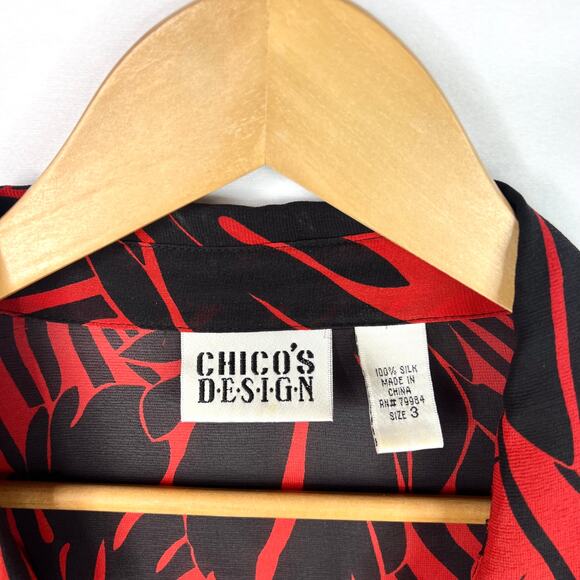 Chico's Design Red & Black Button-Down Silk Blouse 3/16 - Picture 4 of 6